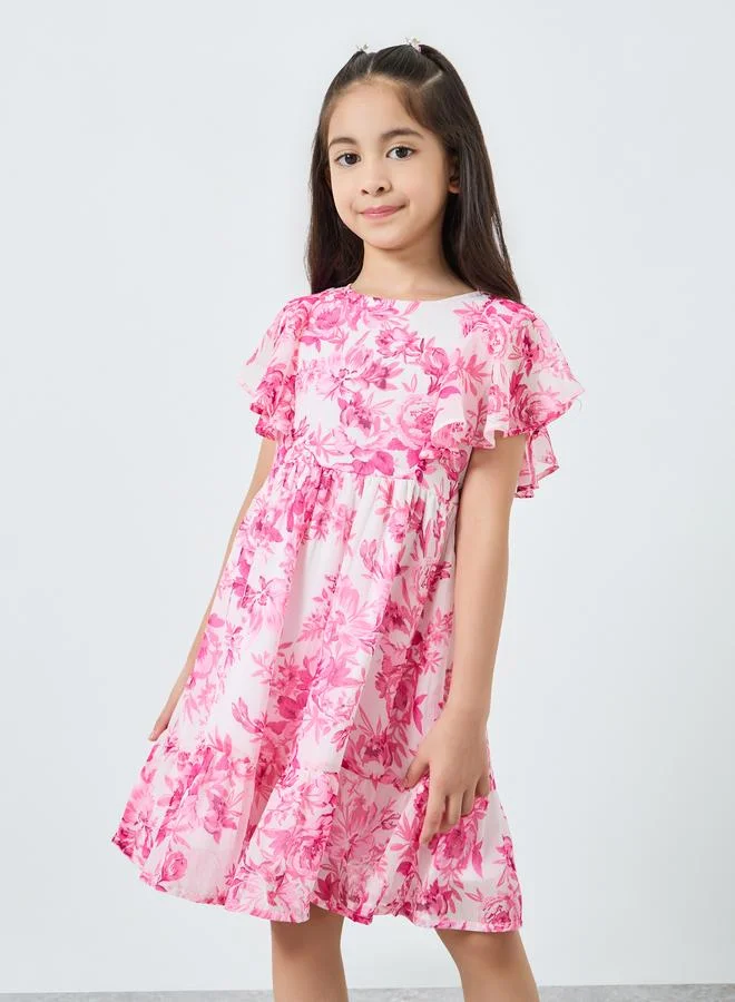 Styli Girls Pink Floral Print Ruffled Hem Dress